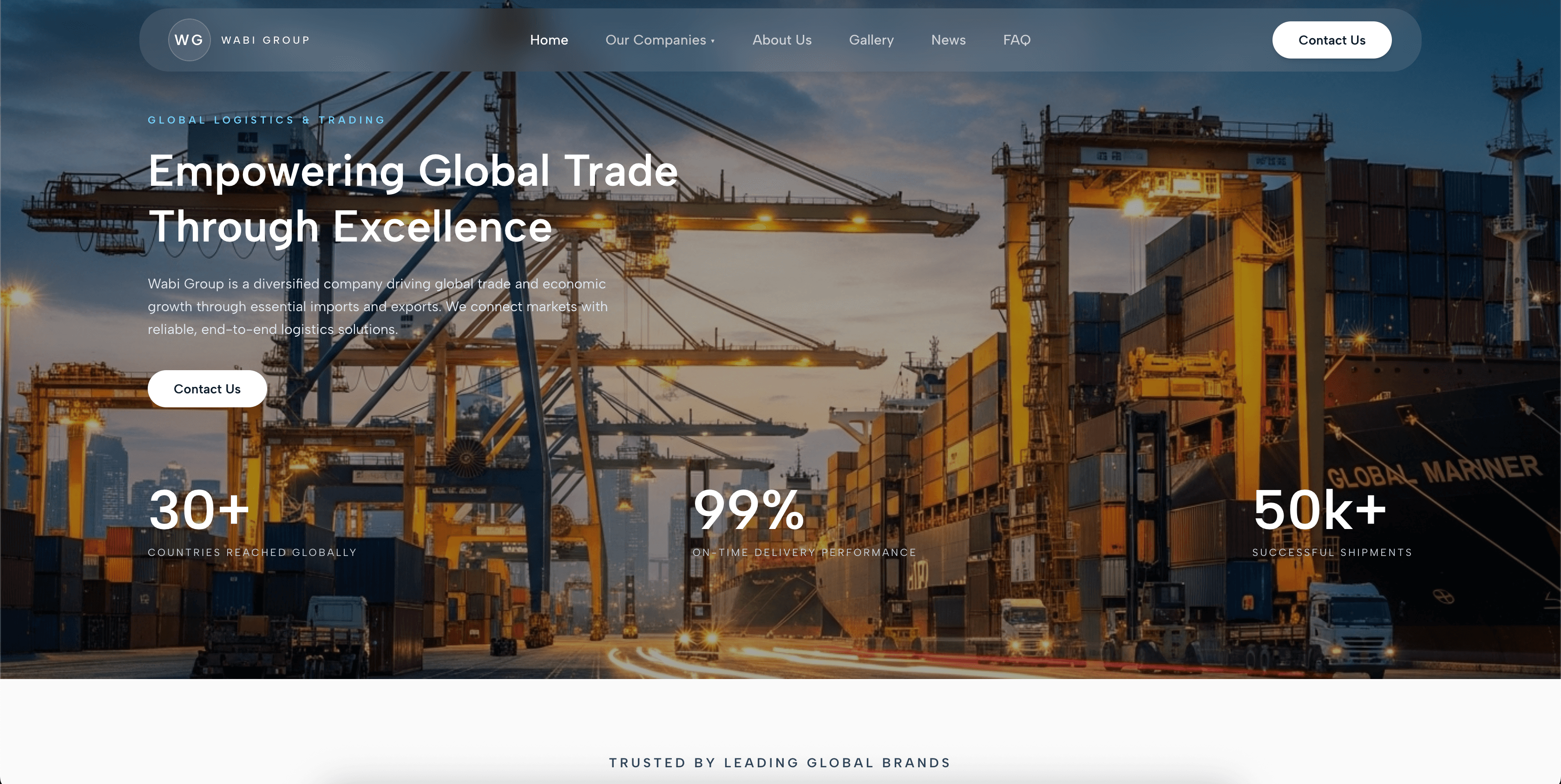 Wabi Group hero with port imagery and trust metrics