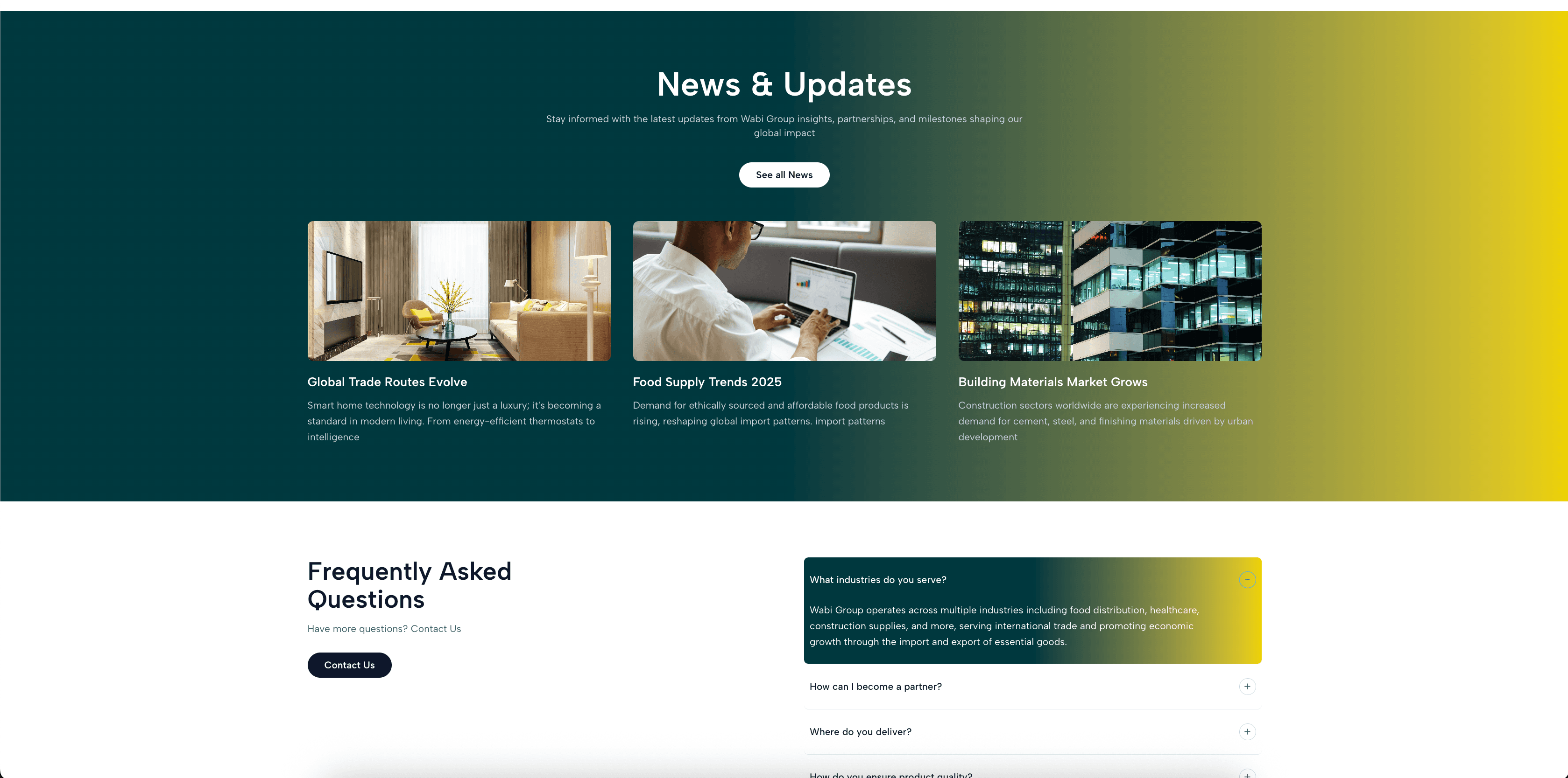 Wabi Group news band and FAQ accordion