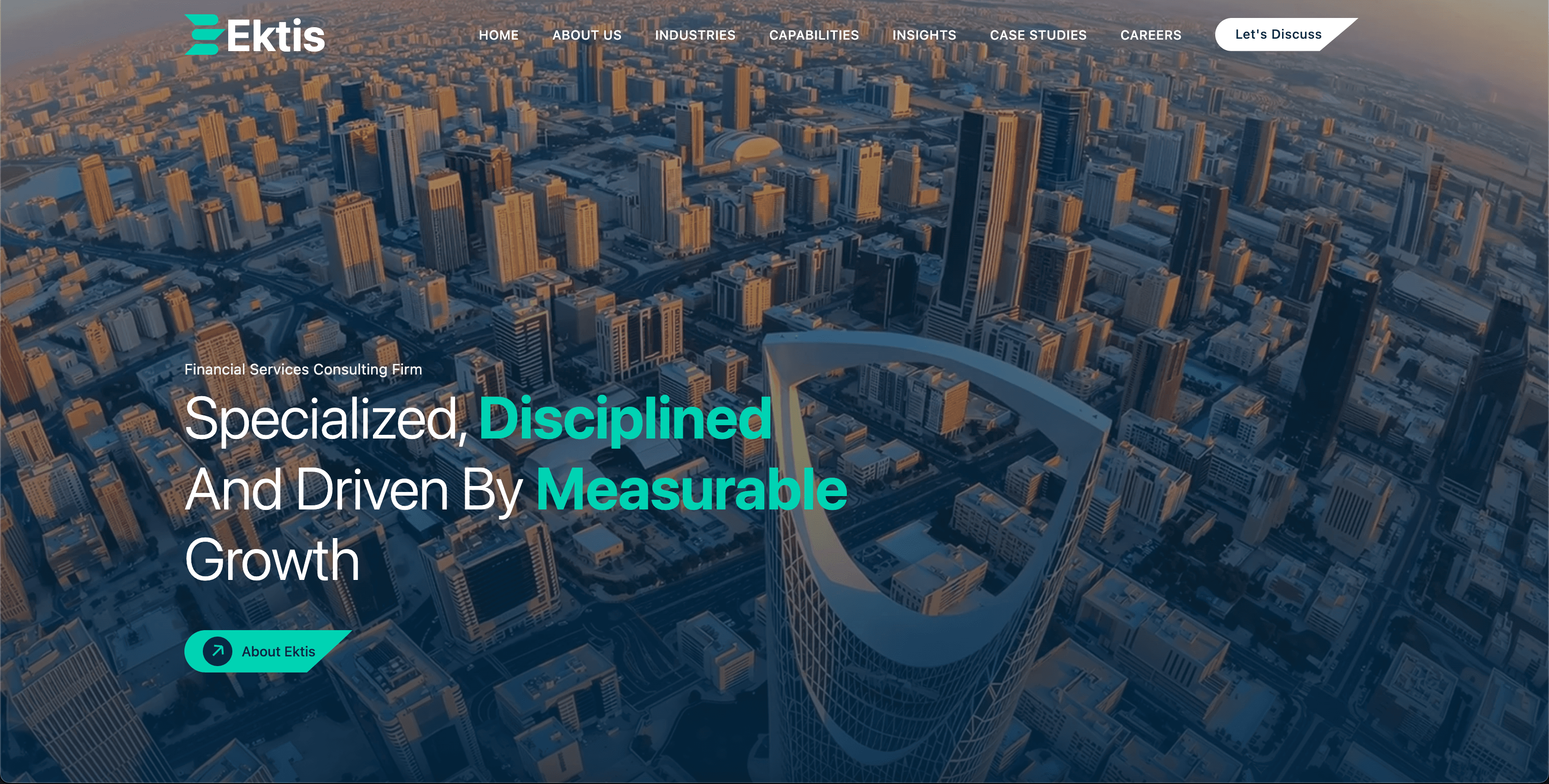 Ektis hero — financial consulting landing page over a city skyline