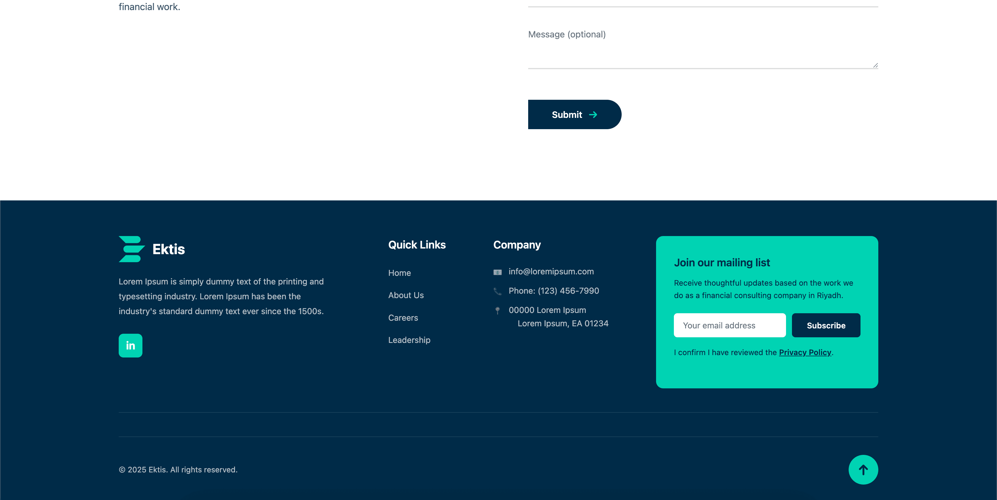 Ektis contact form and multi-column footer