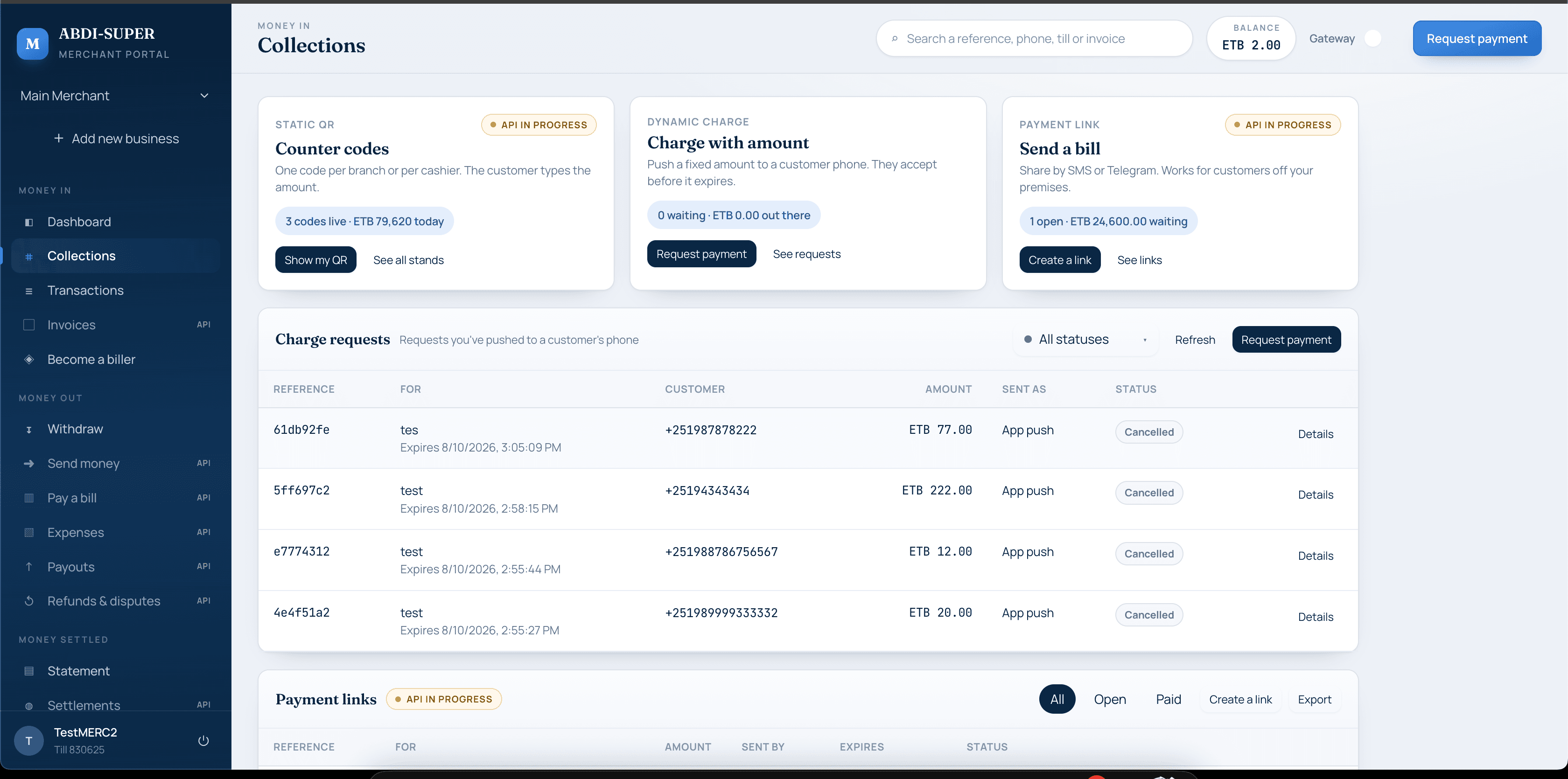 MFS collections view with QR, charge requests, and payment links